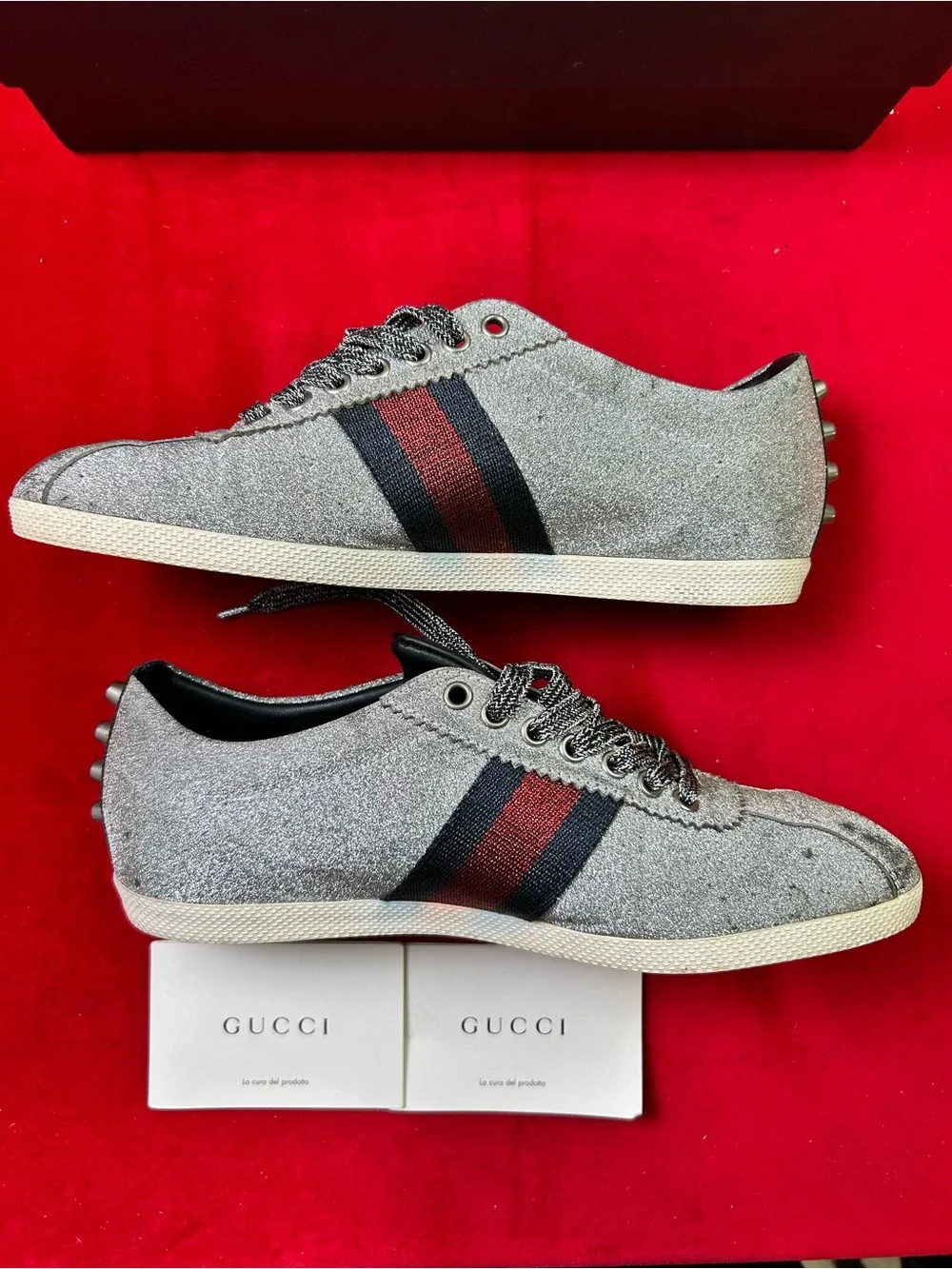 Gucci Silver Glitter Low-Top Sneakers with Red & Blue Web Stripe
